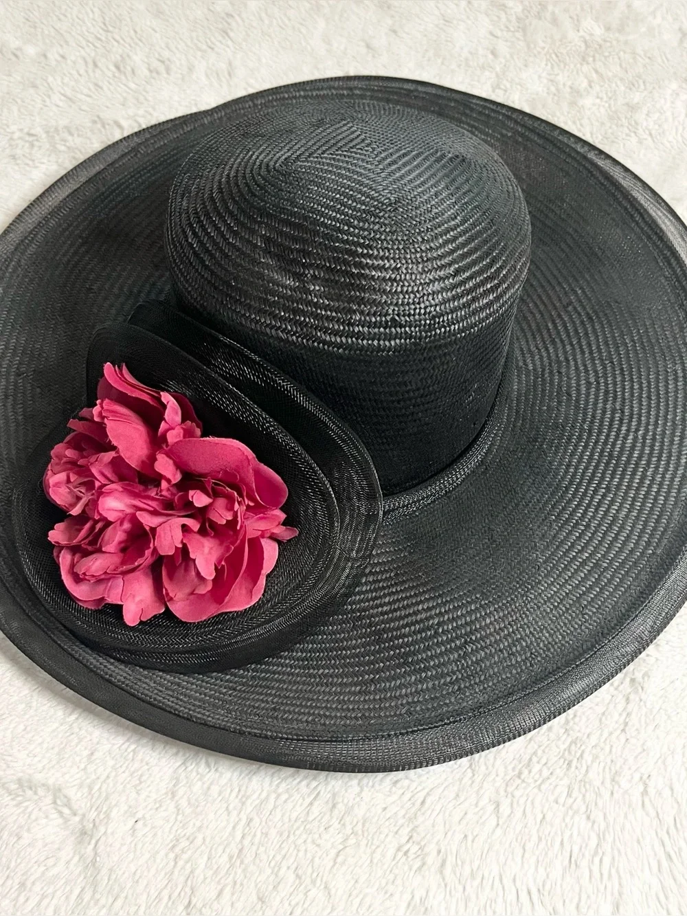 Vintage Plaza Suite by Betmar Black Wide Brim Derby Hat with Rose Fascinator